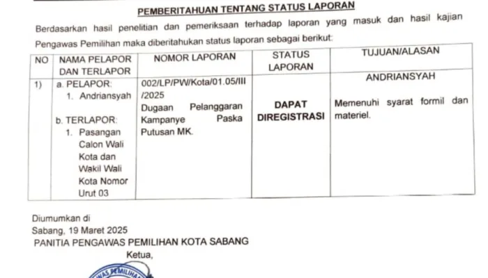 Panwaslih Sabang: Dugaan Pelanggaran Kampanye Pasangan 03 Layak Ditindaklanjuti