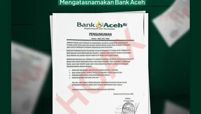Bank Aceh Syariah Tegaskan Surat Rekrutmen Beredar adalah Hoaks